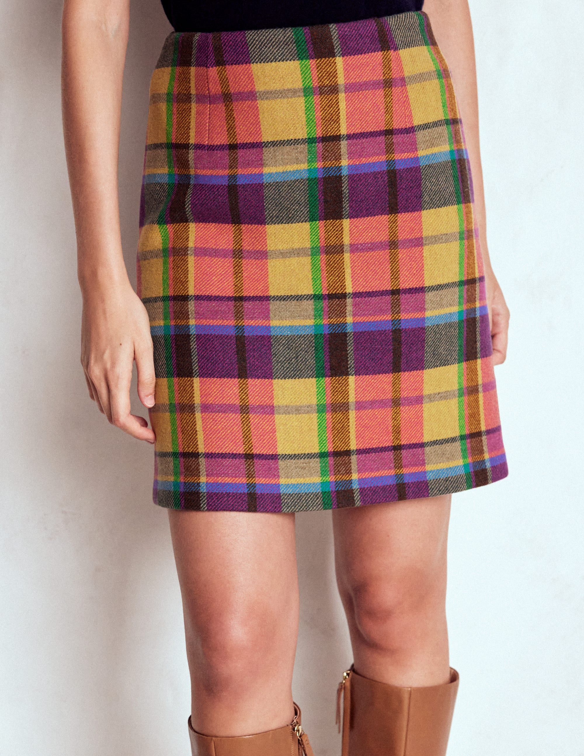 Wool A Line Skirt-Yellow, Pink and Green Check - Image 3