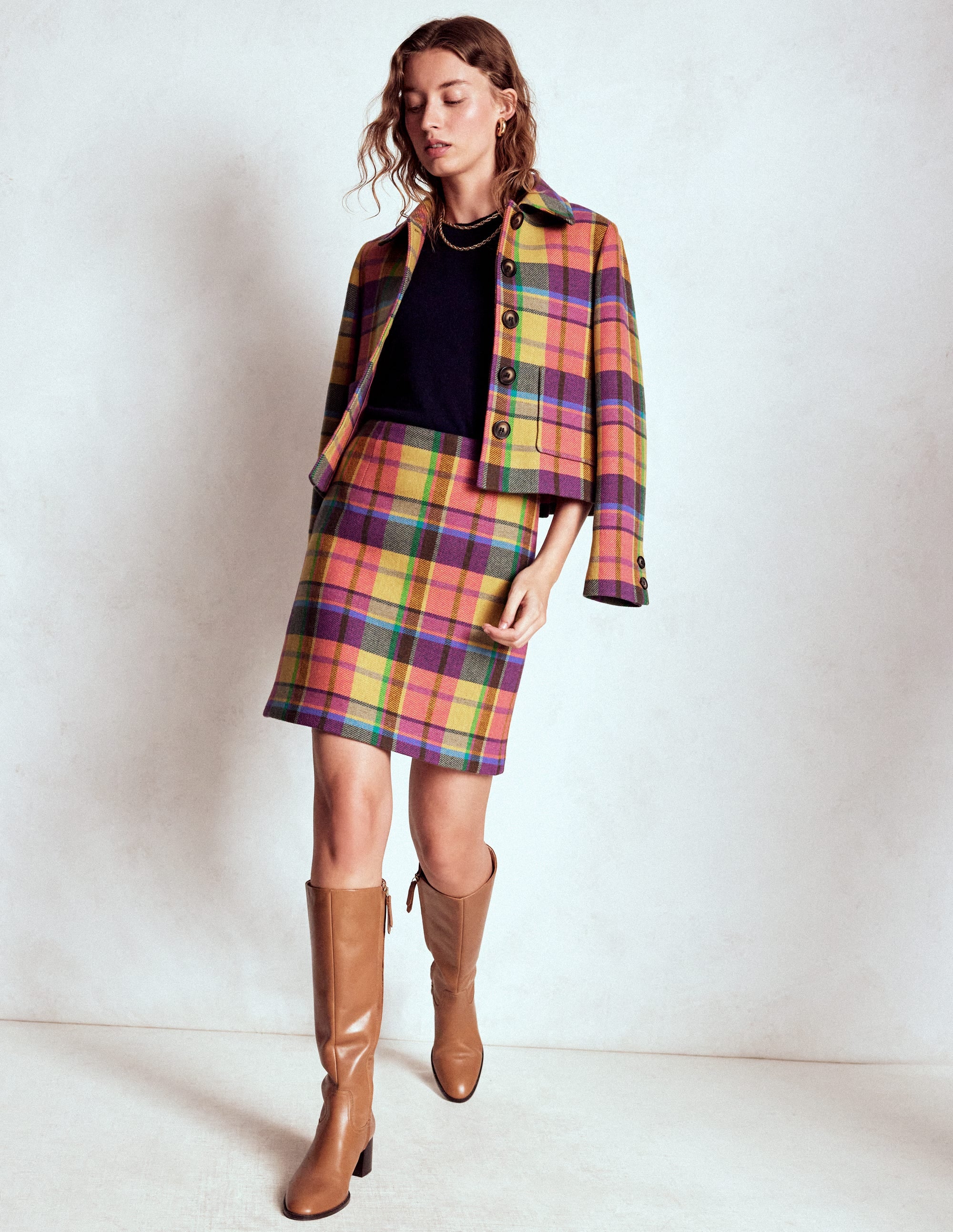 Wool A Line Skirt-Yellow, Pink and Green Check - Image 4