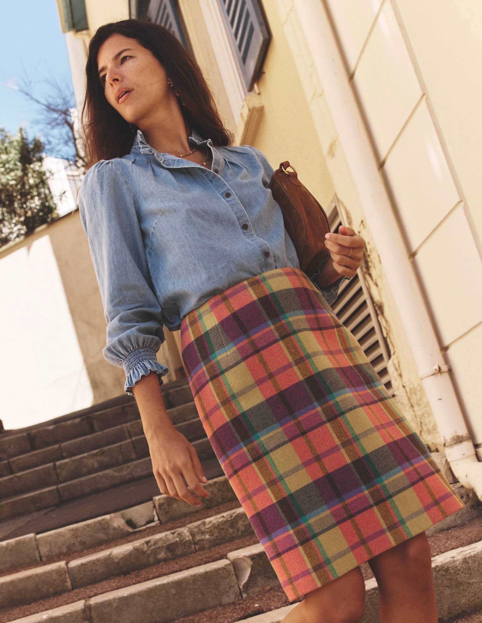 Wool A Line Skirt-Yellow, Pink and Green Check - Image 5