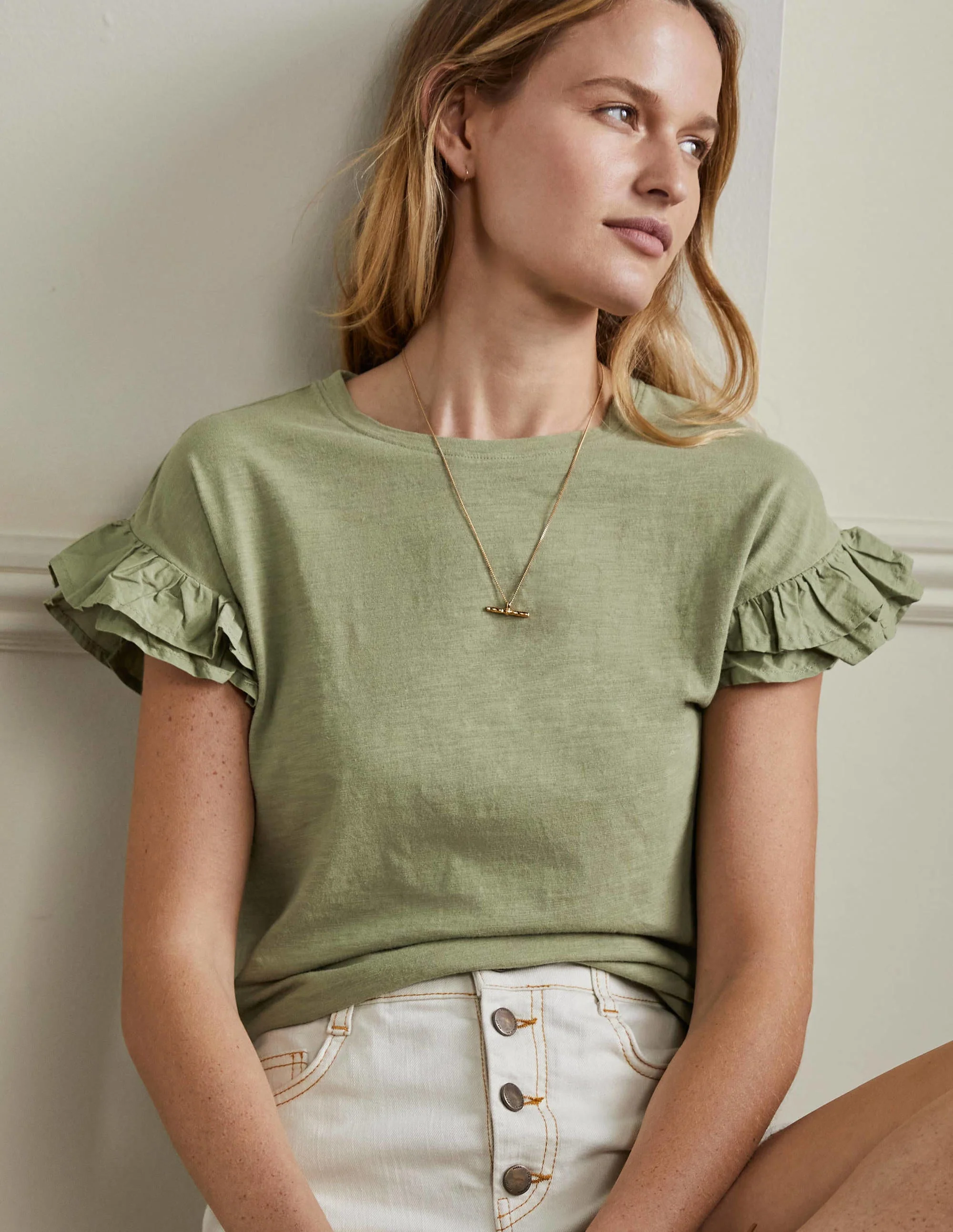 Woven Frill Sleeve T-shirt-Rainforest Floor
