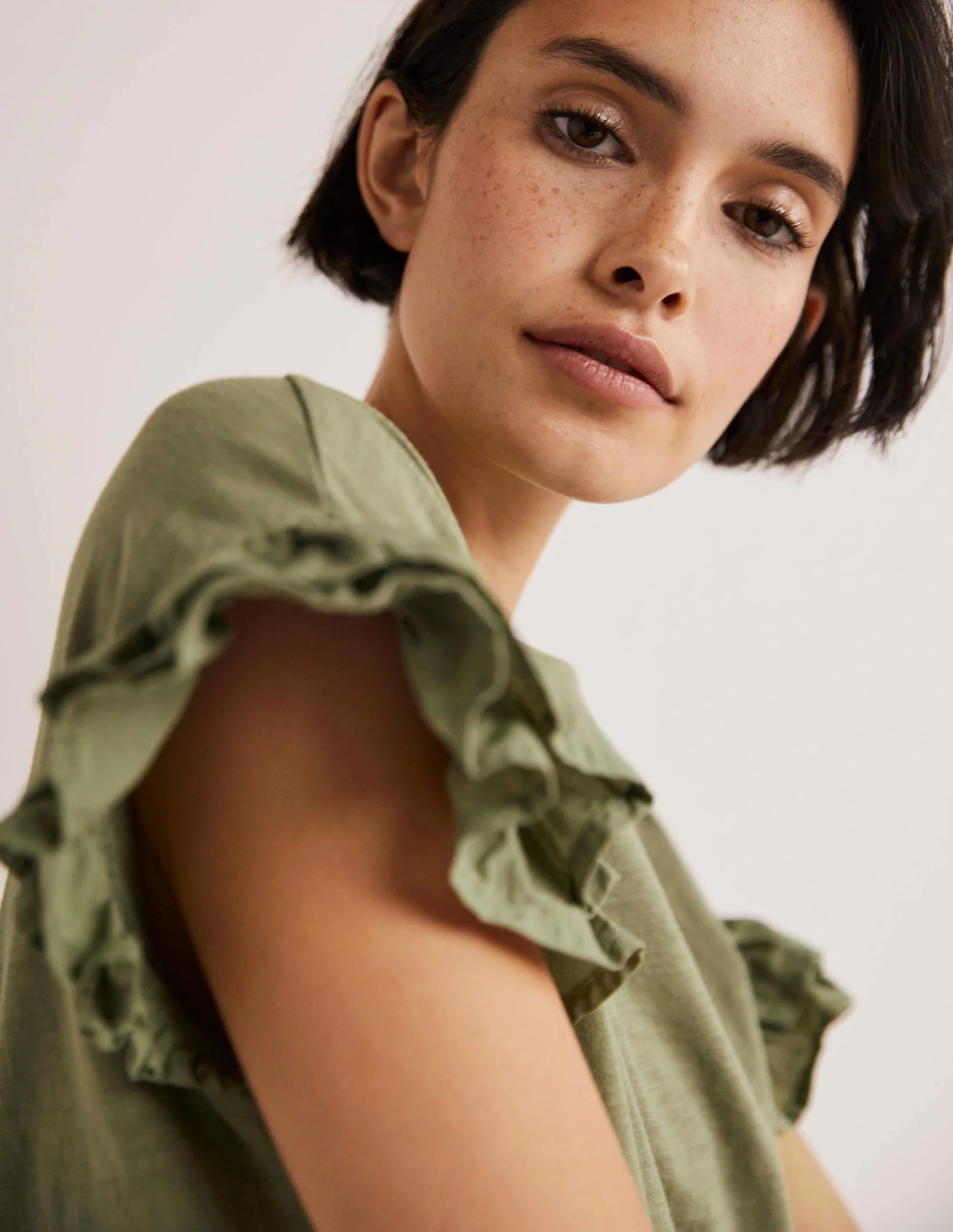 Woven Frill Sleeve T-shirt-Rainforest Floor - Image 2