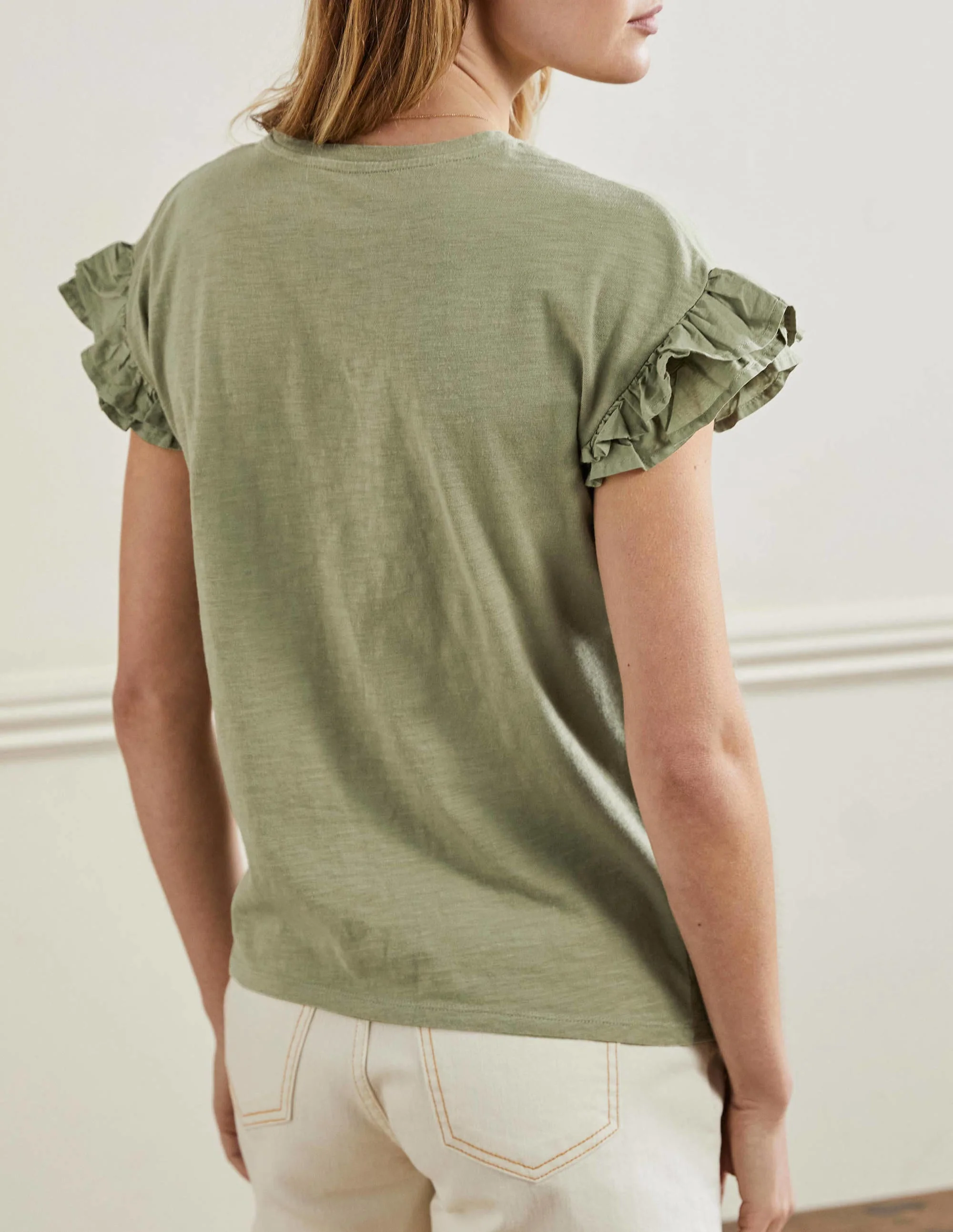 Woven Frill Sleeve T-shirt-Rainforest Floor - Image 3