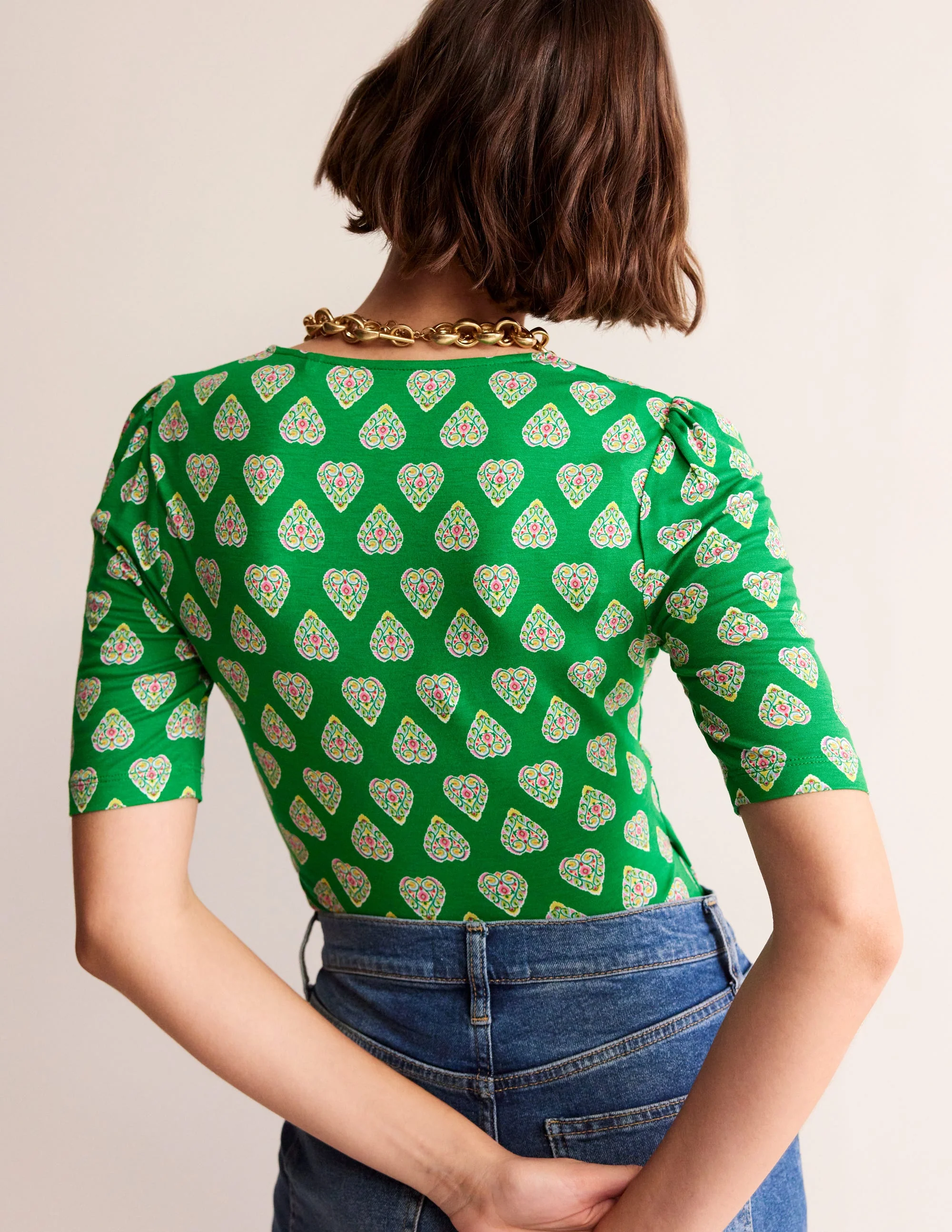 Wrap Front Jersey Top-Green Tambourine, Flora Stamp - Image 3