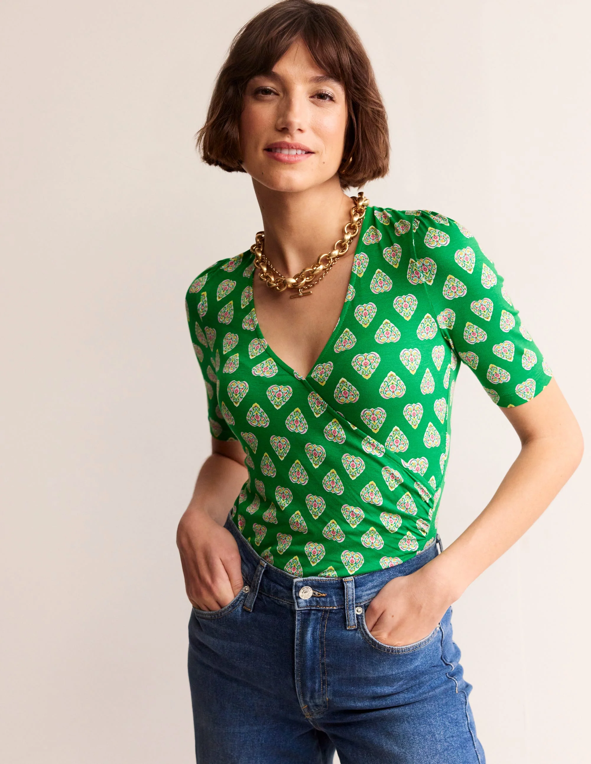 Wrap Front Jersey Top-Green Tambourine, Flora Stamp - Image 4