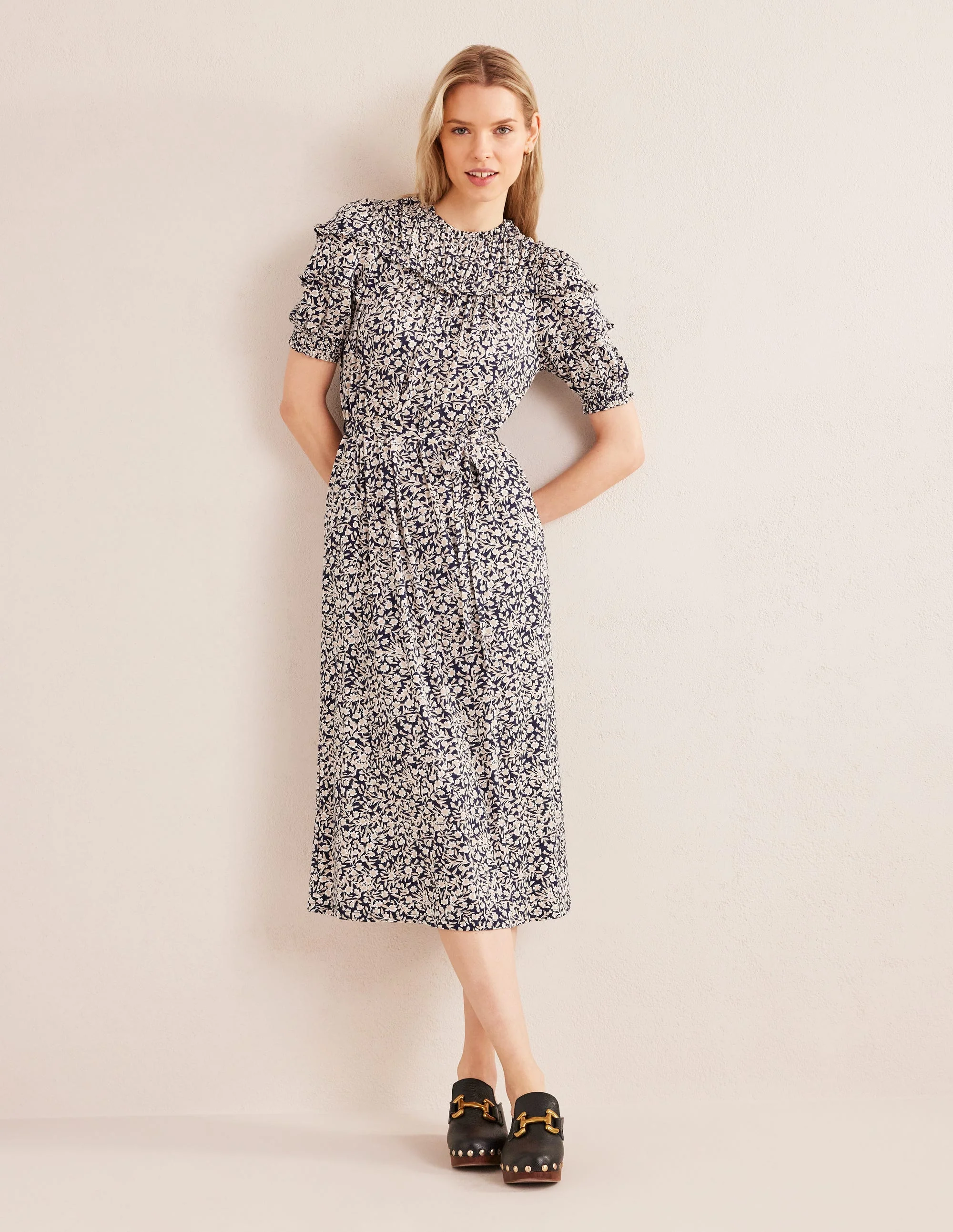 Yoke Detail Jersey Midi Dress-French Navy, Abstract Vine