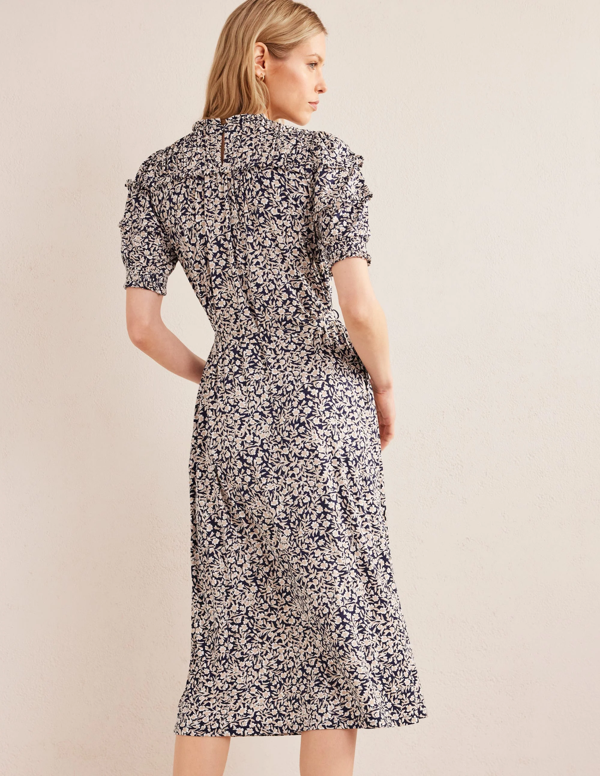 Yoke Detail Jersey Midi Dress-French Navy, Abstract Vine - Image 3