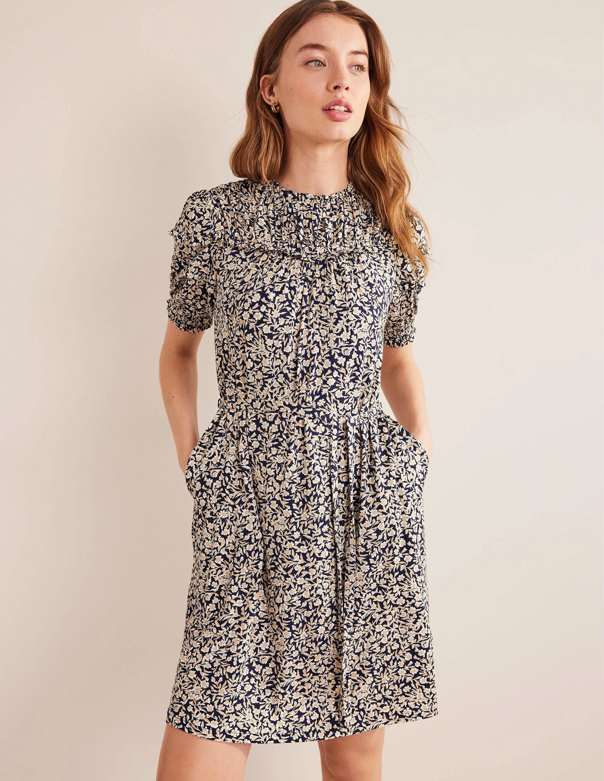 Yoke Detail Jersey Mini Dress-Navy, Abstract Vine