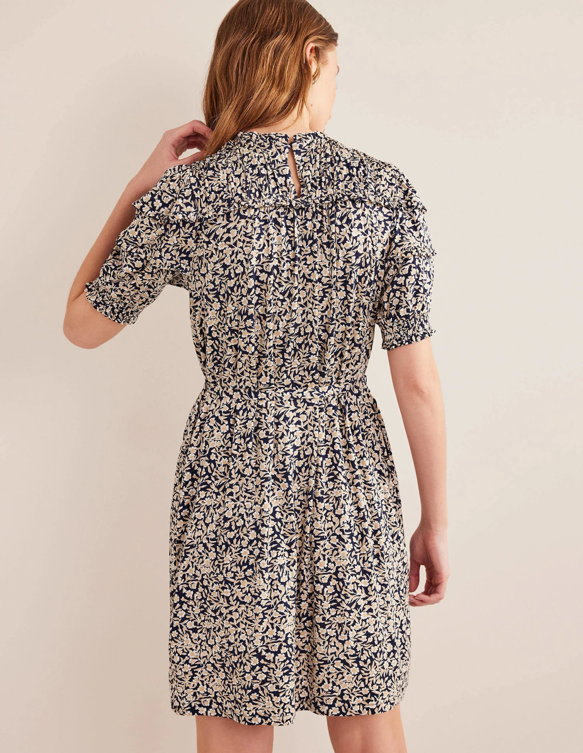 Yoke Detail Jersey Mini Dress-Navy, Abstract Vine - Image 3