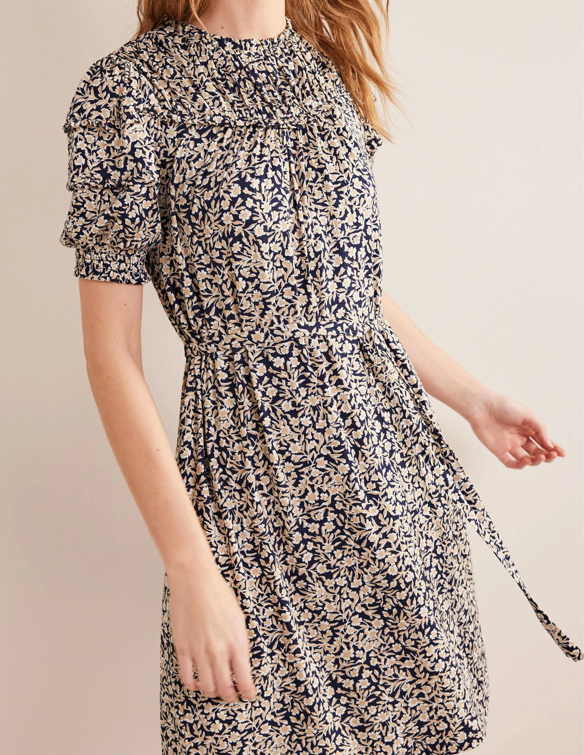 Yoke Detail Jersey Mini Dress-Navy, Abstract Vine - Image 4