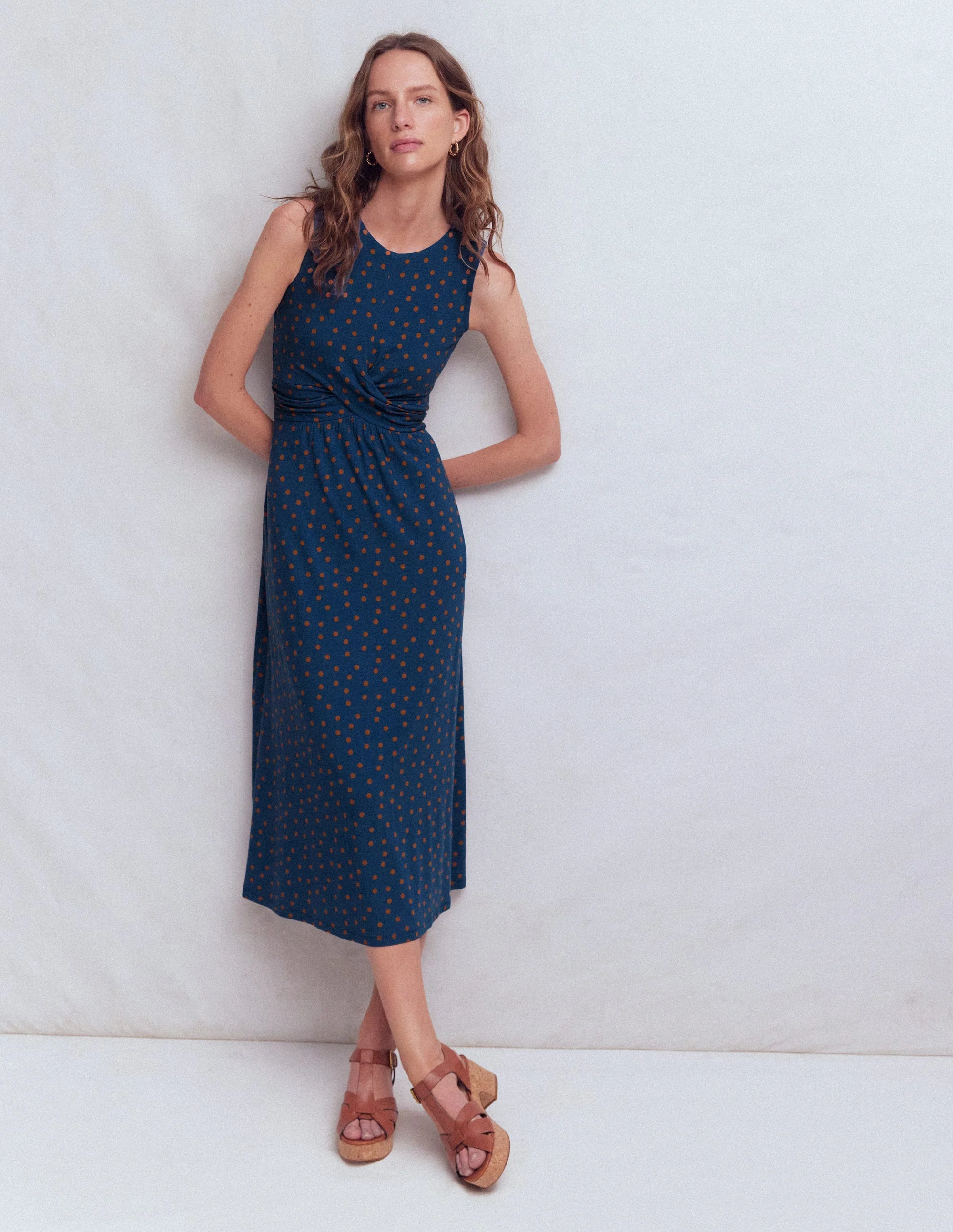 Zara Cross Waist Jersey Dress-Tourmaline Blue, Painted Dot - Image 4