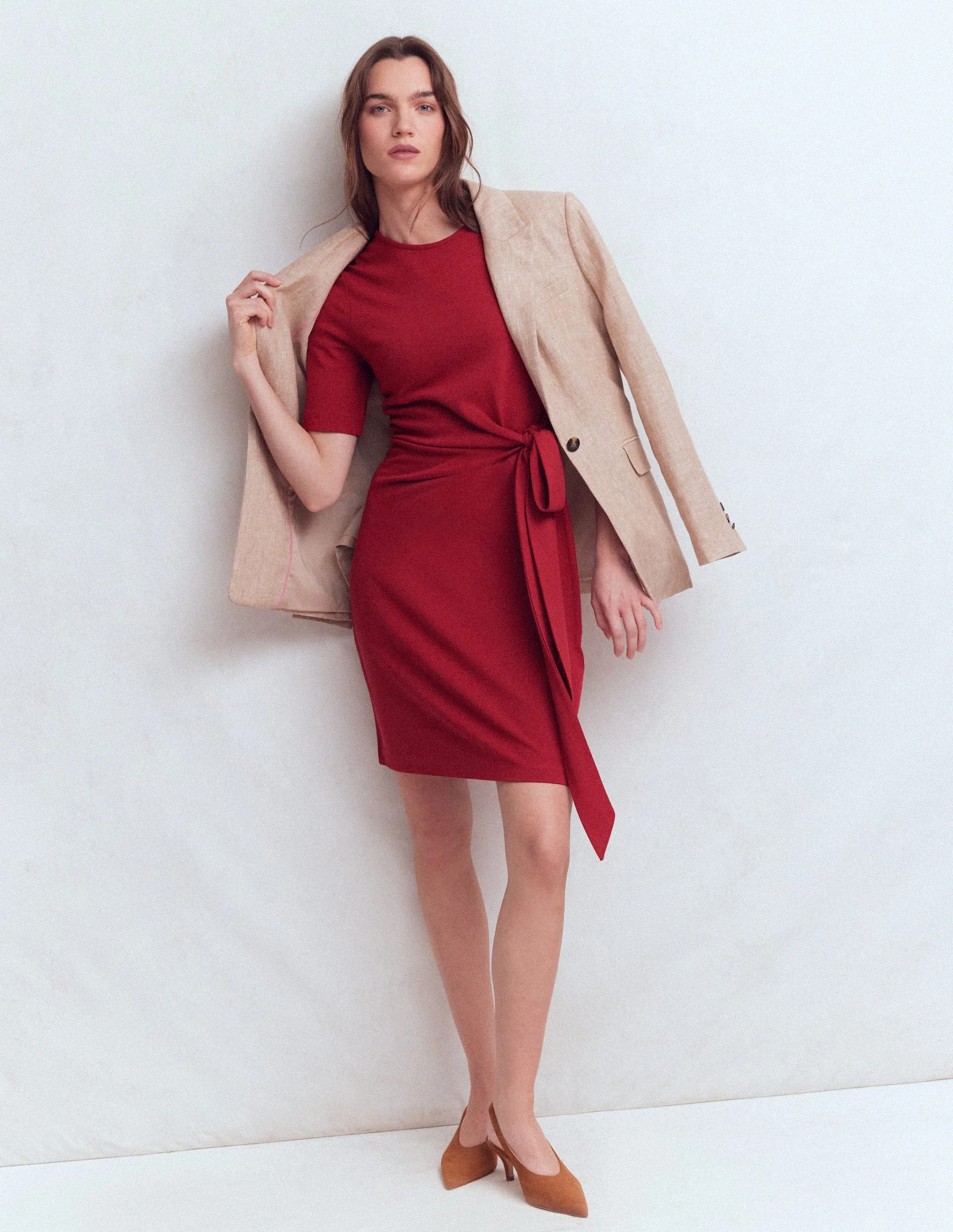 Zinnia Tie Jersey Short Dress-Rich Chestnut - Image 5