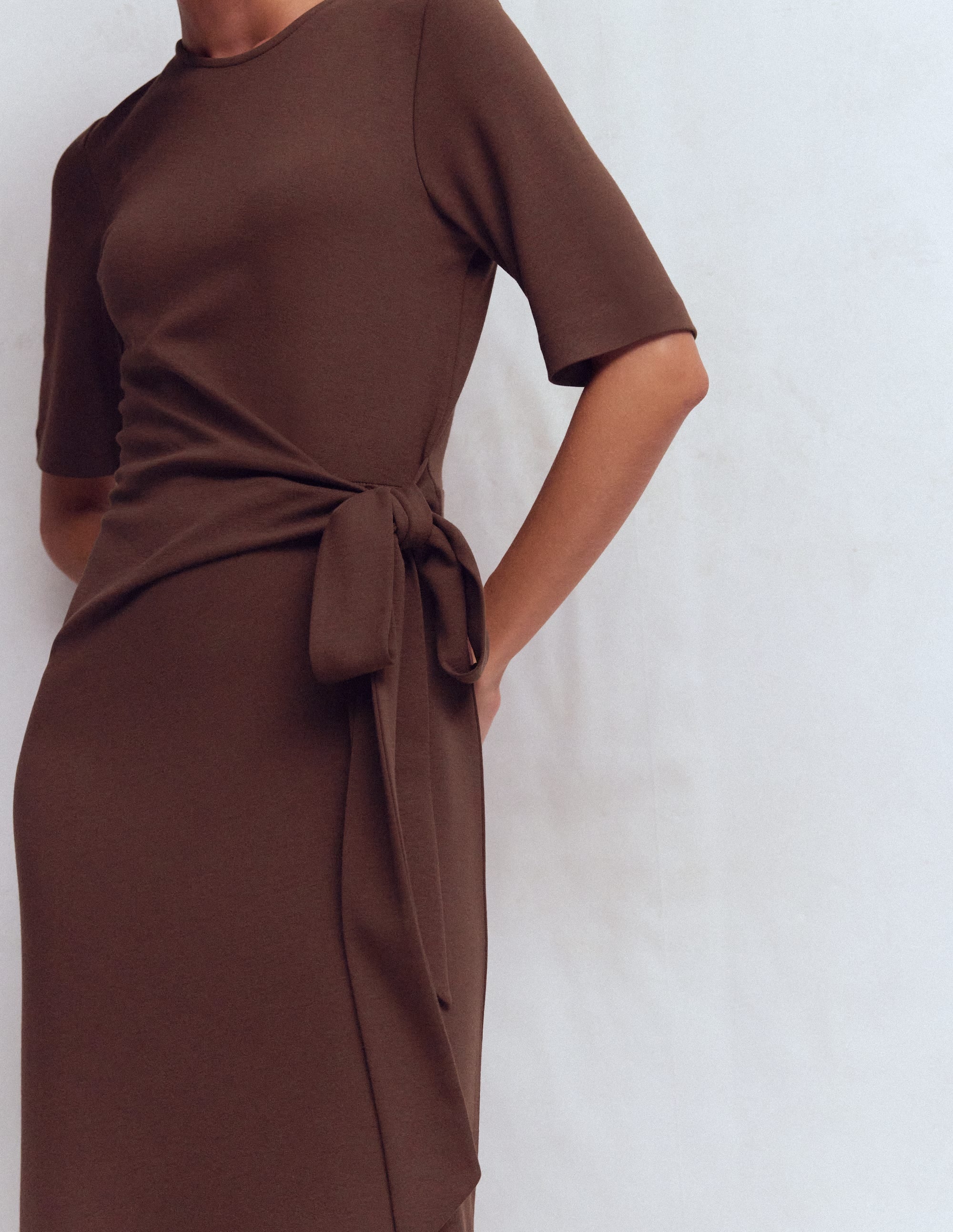 Zinnia Tie Ponte Midi Dress-Espresso - Image 2