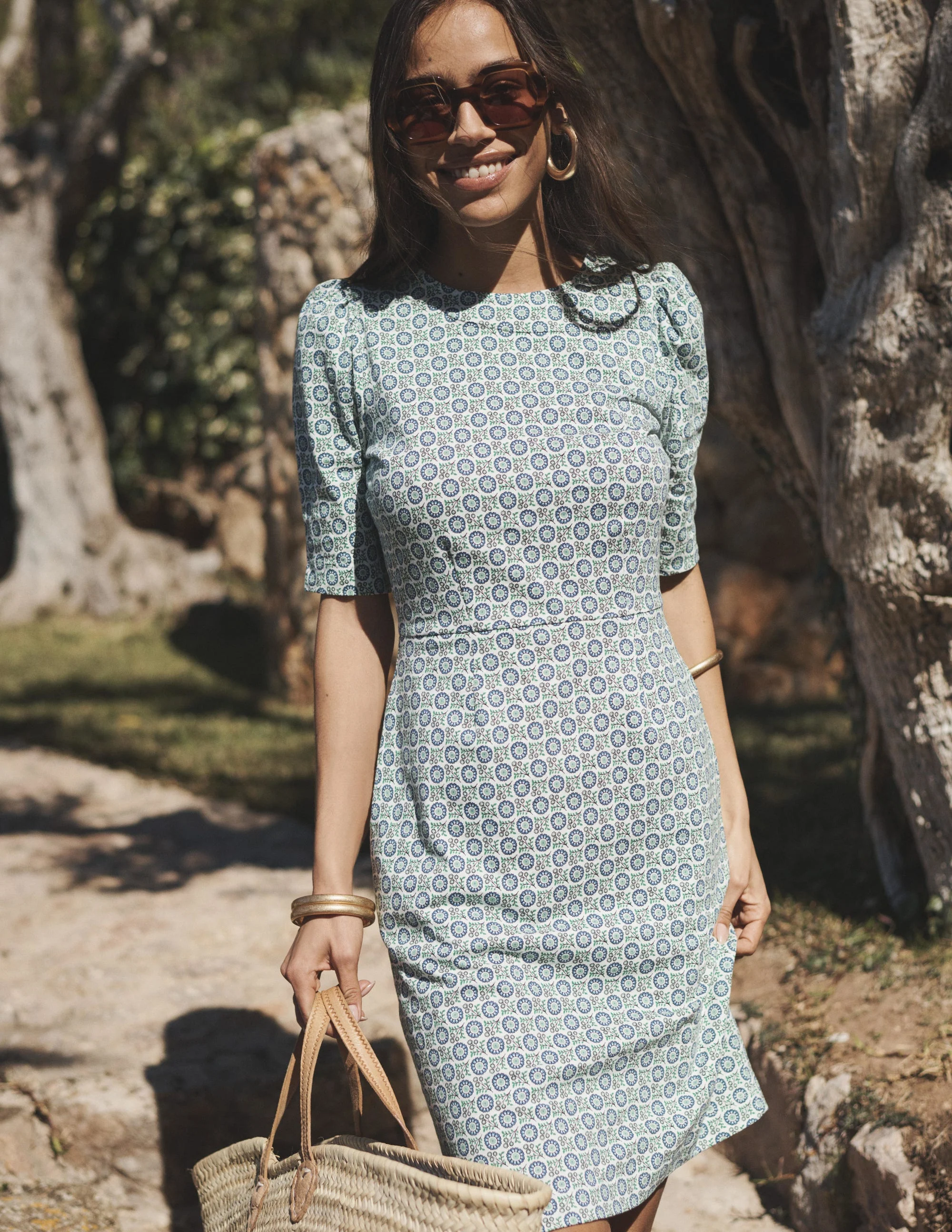 Zoe Jersey Dress-Aegean Blue, Sunflower Sprig - Image 5