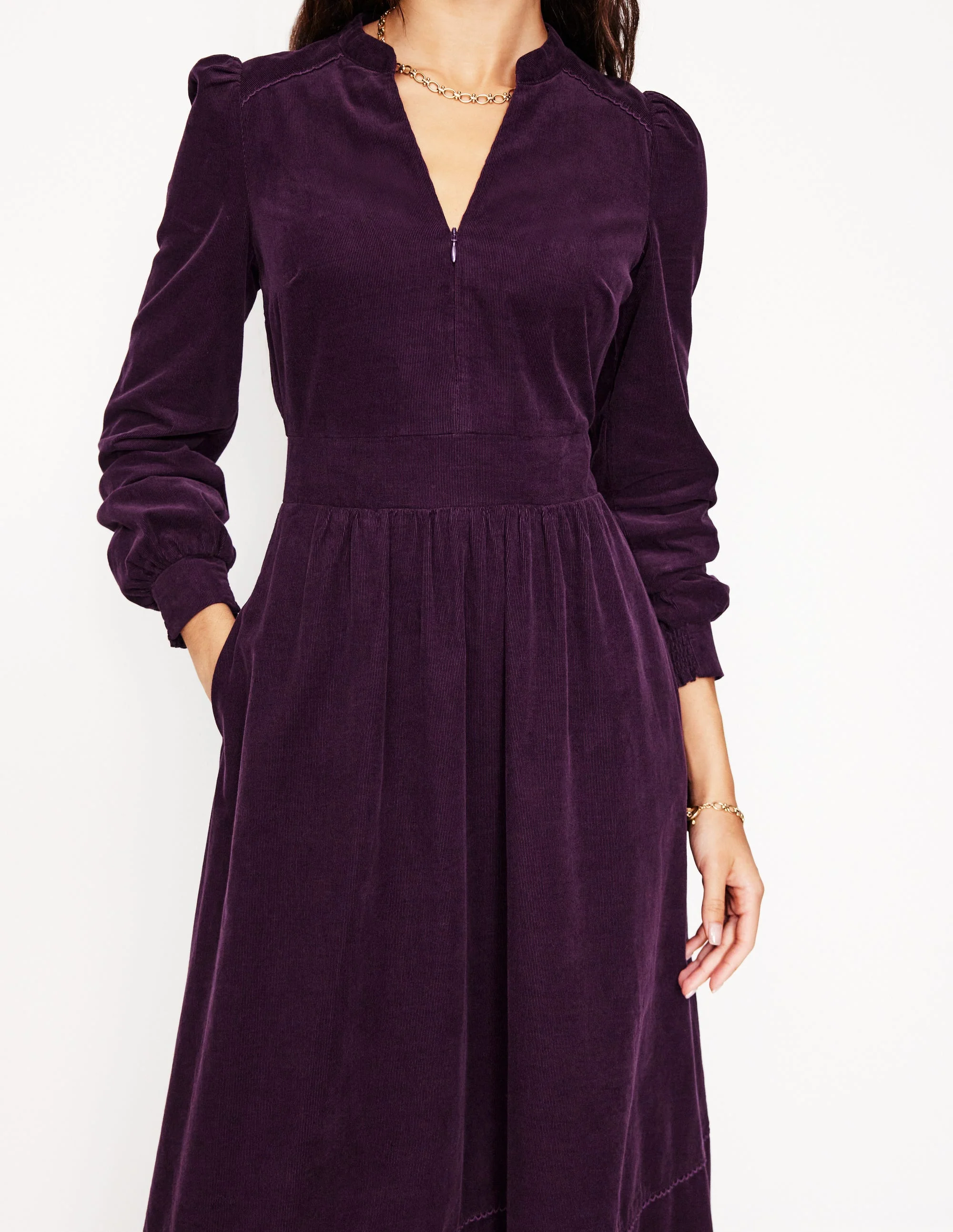 Zoe Zip Up Cord Midi Dress-Damson - Image 2
