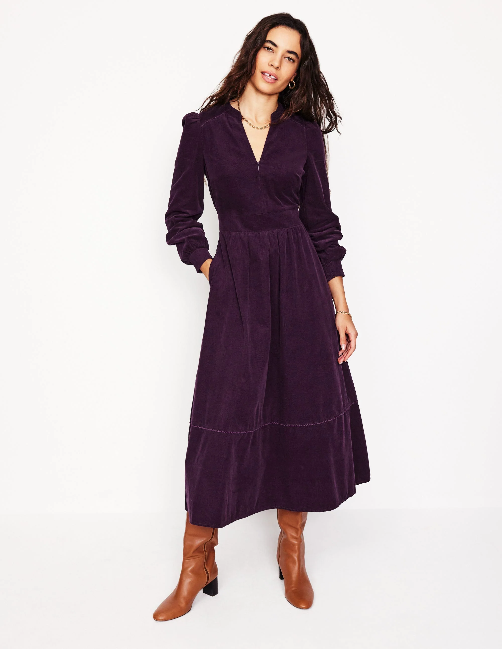 Zoe Zip Up Cord Midi Dress-Damson - Image 4